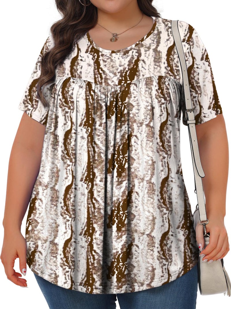Tencede Womens Plus Size Tops Tunic Short Sleeve Crew Neck Shirts Casual Soft Blouse Brown Snakeshin 3X - Image 2