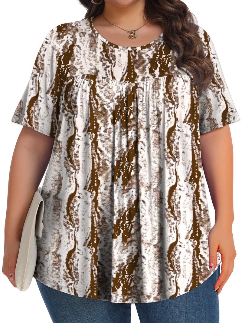 Tencede Womens Plus Size Tops Tunic Short Sleeve Crew Neck Shirts Casual Soft Blouse Brown Snakeshin 3X - Image 3