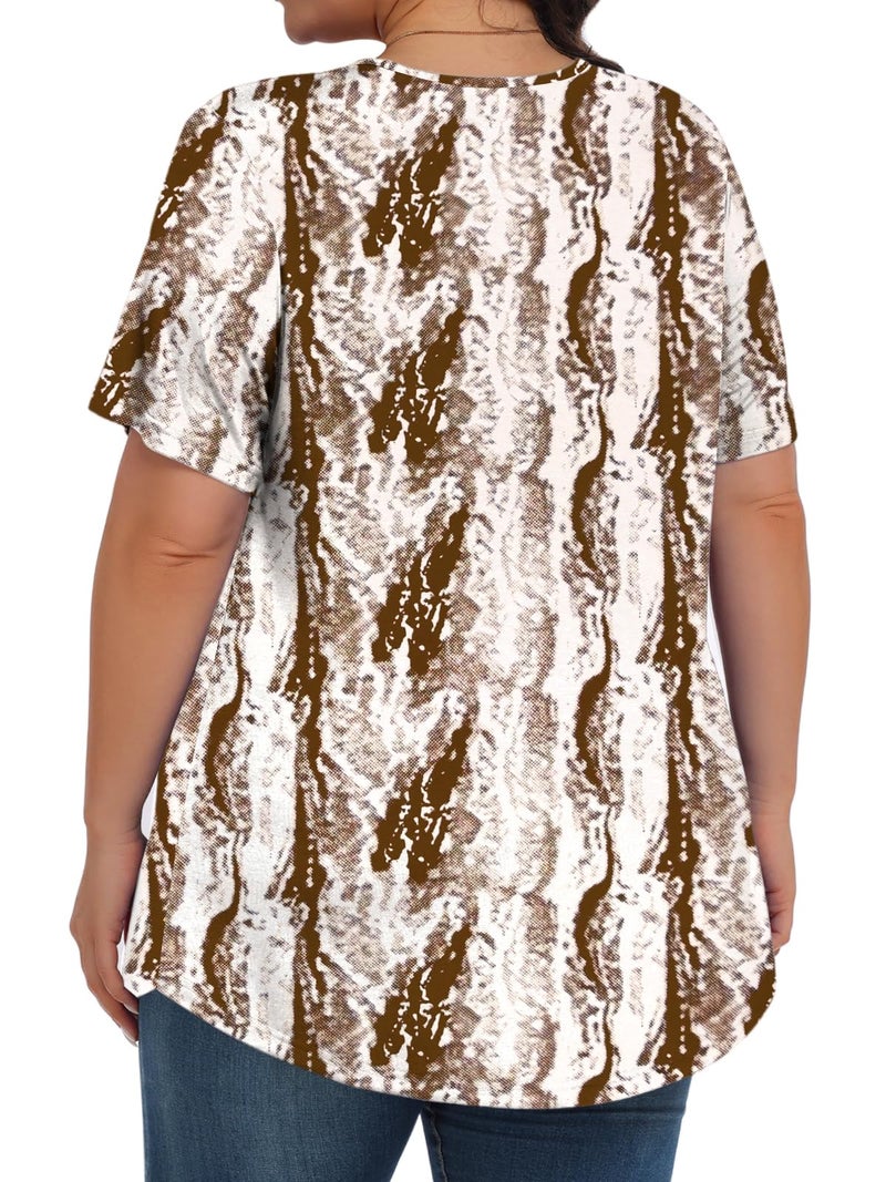 Tencede Womens Plus Size Tops Tunic Short Sleeve Crew Neck Shirts Casual Soft Blouse Brown Snakeshin 3X - Image 4