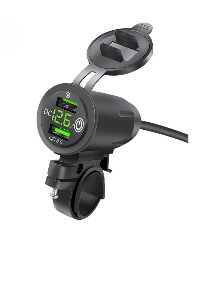 AROAQ Motorcycle USB Charger, Dual USB QC3.0 LED Voltmeter Display USB Charger, Waterproof Fast Power Motorcycle Handlebar Adapter Charger, Durable USB Cell Phone Charger For Motorbike, (Green Display) - Image 1