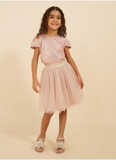 Sequins Round Neck Top and Mesh Skirt Set