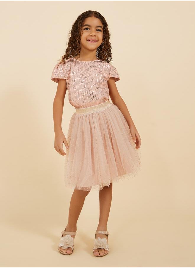 Styli - Sequins Round Neck Top and Mesh Skirt Set - Image 1