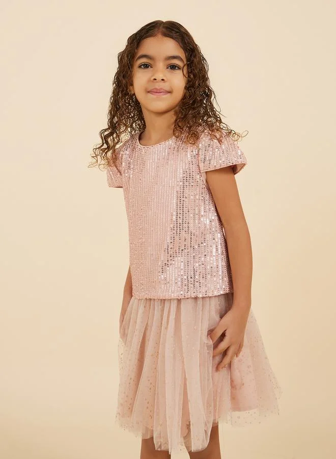 Styli Sequins Round Neck Top and Mesh Skirt Set