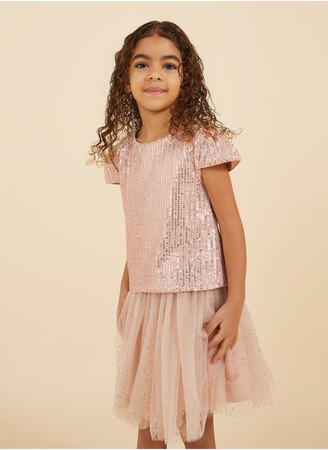 Styli - Sequins Round Neck Top and Mesh Skirt Set - Image 1