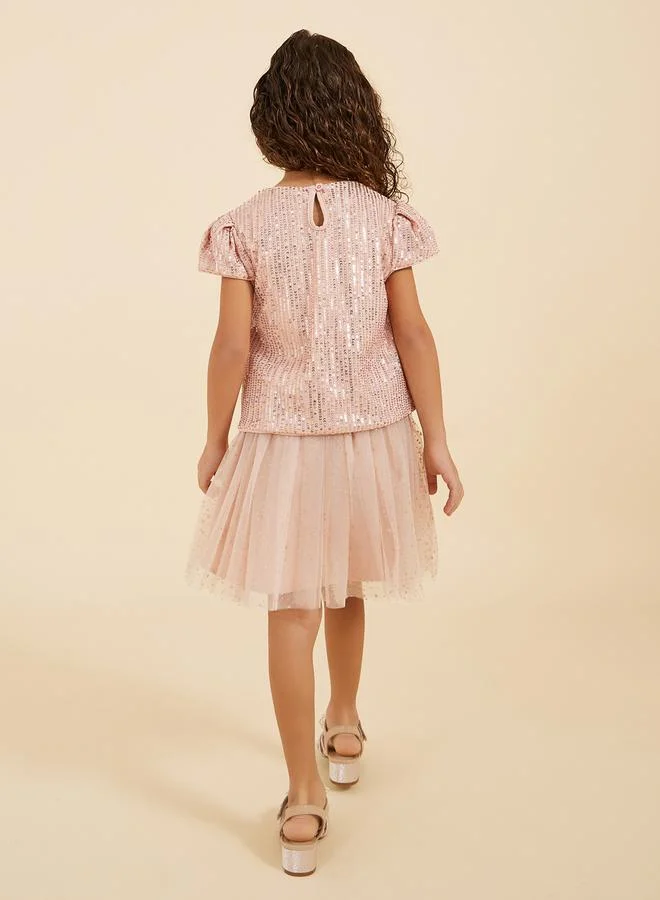 Styli Sequins Round Neck Top and Mesh Skirt Set