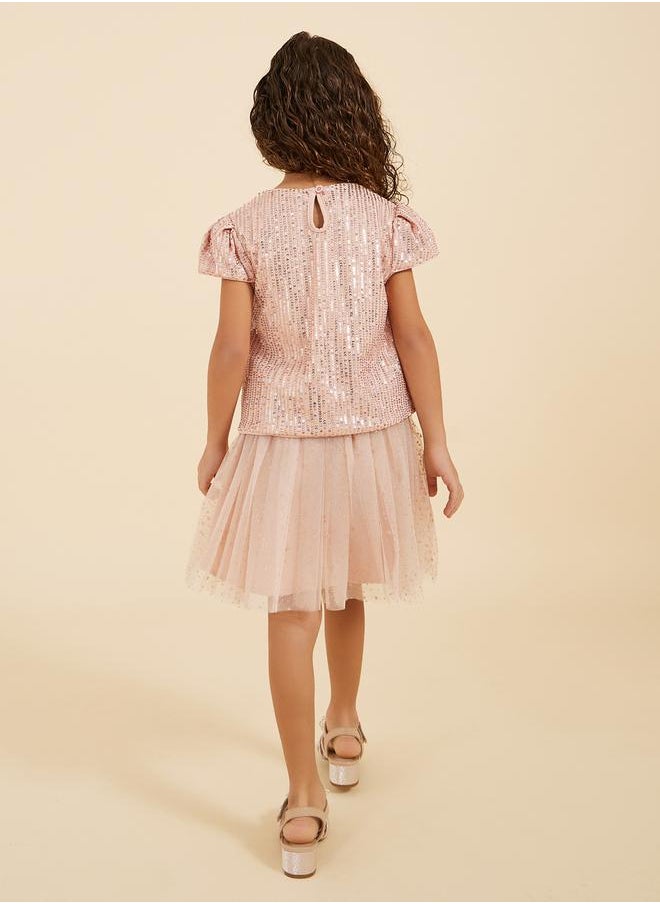 Styli - Sequins Round Neck Top and Mesh Skirt Set - Image 1