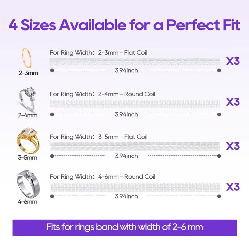 Yaogniy 12-Pack Ring Sizer for Loose Rings, 4 Sizes Invisible Ring Size Adjuster, Spiral Bands Size Resizer, Clear TPU Rings Guards for Women Men, No Cut Comfortable Band Tightener Fits 2-6mm Bands - Image 2