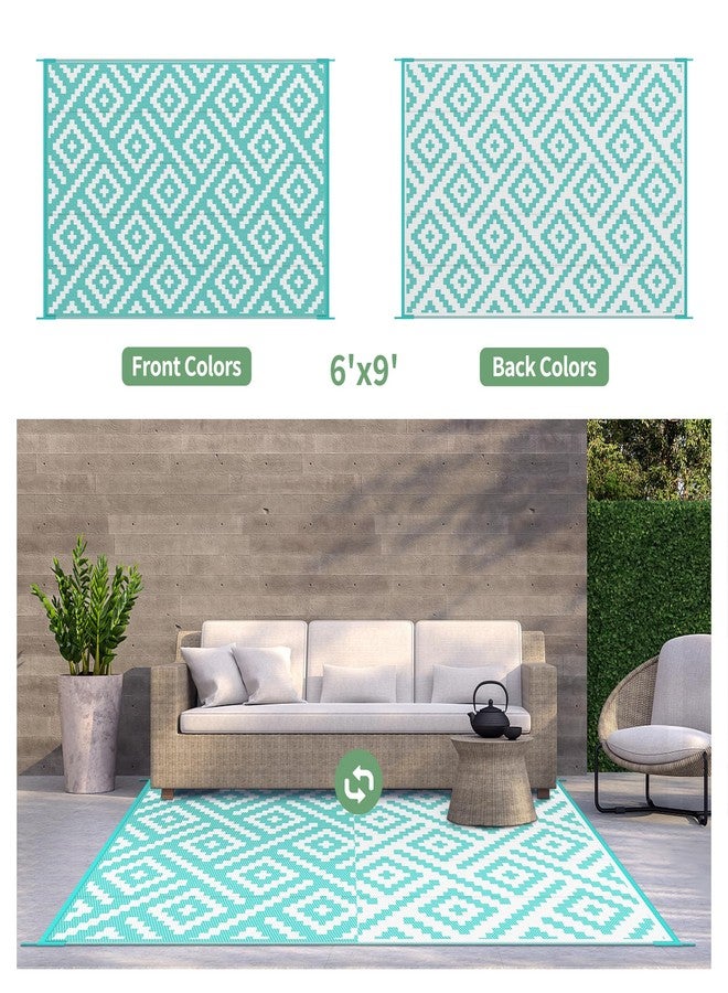 GENIMO Outdoor Rug for Patio Clearance, 6'x9' Waterproof Camping Mat, Reversible Plastic Straw Rugs for RV, Camper, Balcony, Backyard, Picnic, Deck (Aqua Blue & White) - Image 4