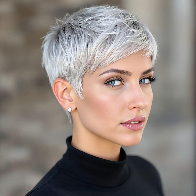 BeiSDWig Platinum Pixie Cut Synthetic Wig, Short Silver Gray Hair, Textured Layered Style Synthetic Short Pixie Wigs for Women - Image 1