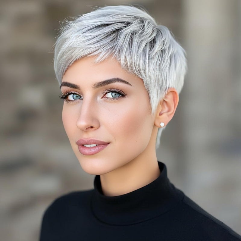 BeiSDWig Platinum Pixie Cut Synthetic Wig, Short Silver Gray Hair, Textured Layered Style Synthetic Short Pixie Wigs for Women - Image 2