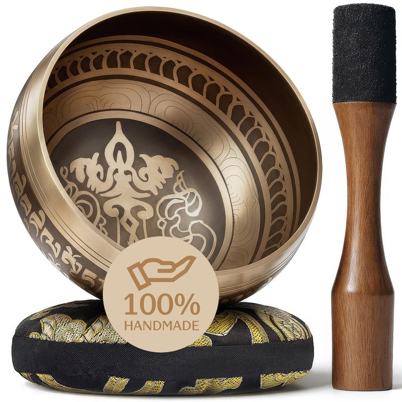 Silent Mind Handmade Tibetan Etched Singing Bowl Set with Case â€“ Meditation Bowl & Sound Bowl with Cushion, Mallet & Guide â€“ Portable Meditation Kit â€“ Therapeutic Sound Devices â€“ Yoga Accessories for Relaxation - Image 1