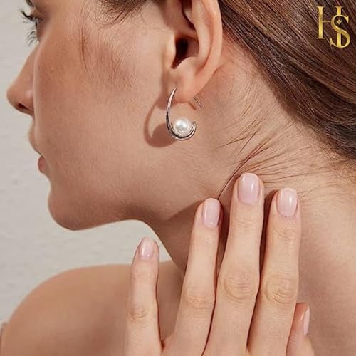 HIGHSPARK 925 Silver Stylish Designer Pearl Earrings for Women | 92.5 Sterling Silver & Brilliant Lustre Pearls | Lovely Gift - Pearl Hook - Image 4