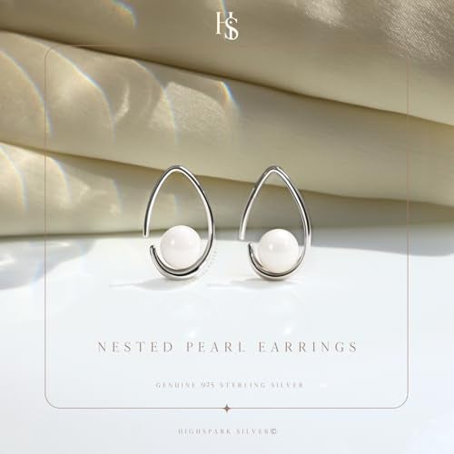 HIGHSPARK 925 Silver Stylish Designer Pearl Earrings for Women | 92.5 Sterling Silver & Brilliant Lustre Pearls | Lovely Gift - Pearl Hook - Image 3