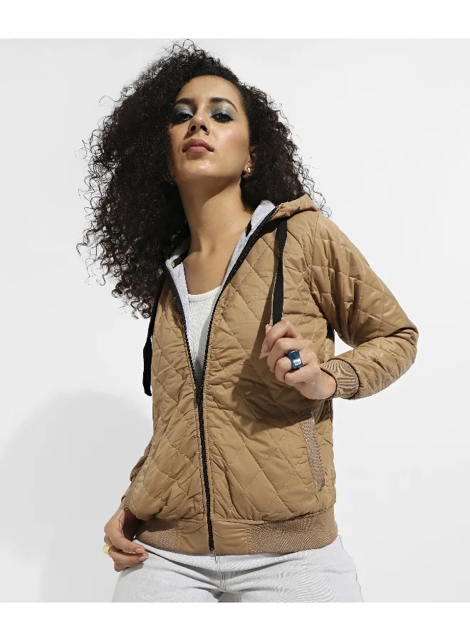 Pinacolada  Women's Beige Quilted Puffer Jacket With Ribbed Hem for Women | Best Price UAE