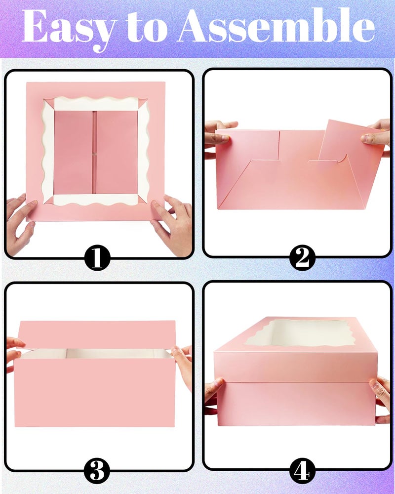 qiqee Pink 10x10x8 Cake Box, 4 Sets Cake Box with Window ï¼† 4 Sets 10" Cake Round Boards, 10inch Cake Containers, 10 Meters Pink Silk Ribbon Includes - Image 5