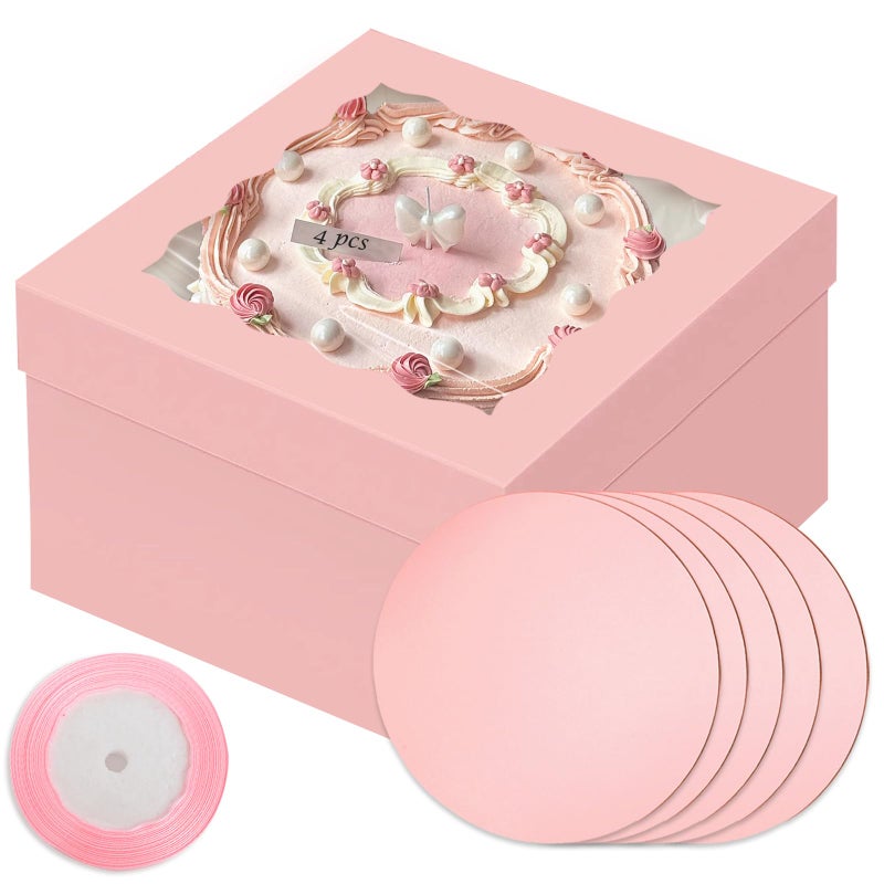 qiqee Pink 10x10x8 Cake Box, 4 Sets Cake Box with Window ï¼† 4 Sets 10" Cake Round Boards, 10inch Cake Containers, 10 Meters Pink Silk Ribbon Includes - Image 1