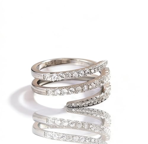 AZQ 925 Sterling Silver Shiny Full Diamond Ring Three Rows Cubic Zirconia Cocktail Rings CZ Diamond Multi Row Ring Eternity Engagement Wedding Band Ring for women TZ.35 (US Code 7) - Image 1