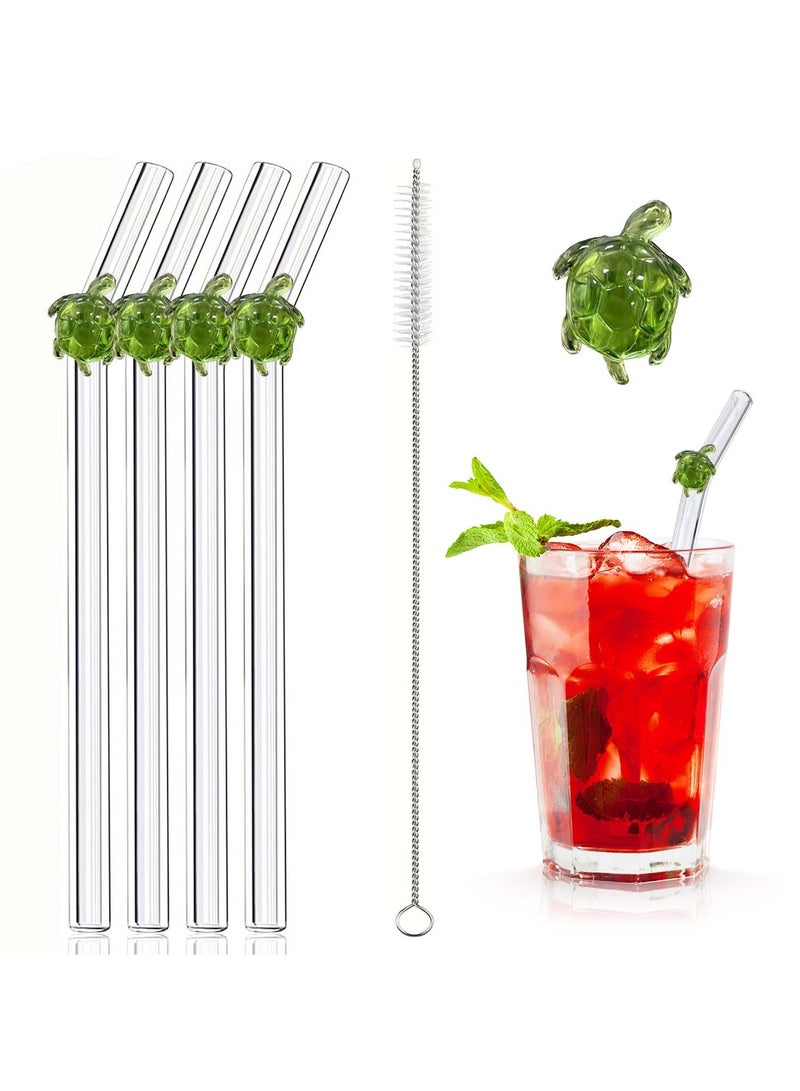 Reusable Glass Straws Set of 4 with Turtle Decoration – Eco-Friendly Drinking Straws with Cleaning Brush – Perfect for Cold Drinks, Cocktails, and Smoothies - Image 1