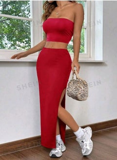 Shein SHEIN EZwear Women's Solid Color Tube Top & High Slit Tight Fitted Skirt 2pcs Set  - Image 1