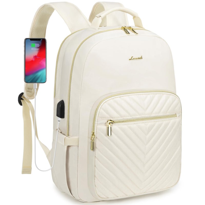 LOVEVOOK Laptop Backpack Purse for Women, Work Travel Computer Bags, College School Backpack for Student Girl, Quilted Casual Daypack with USB Port, Fit 15.6 Inch Laptop, Beige White - Image 1