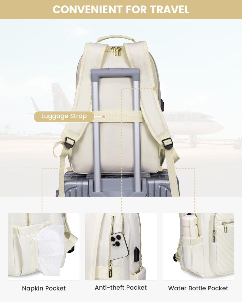 LOVEVOOK Laptop Backpack Purse for Women, Work Travel Computer Bags, College School Backpack for Student Girl, Quilted Casual Daypack with USB Port, Fit 15.6 Inch Laptop, Beige White - Image 4