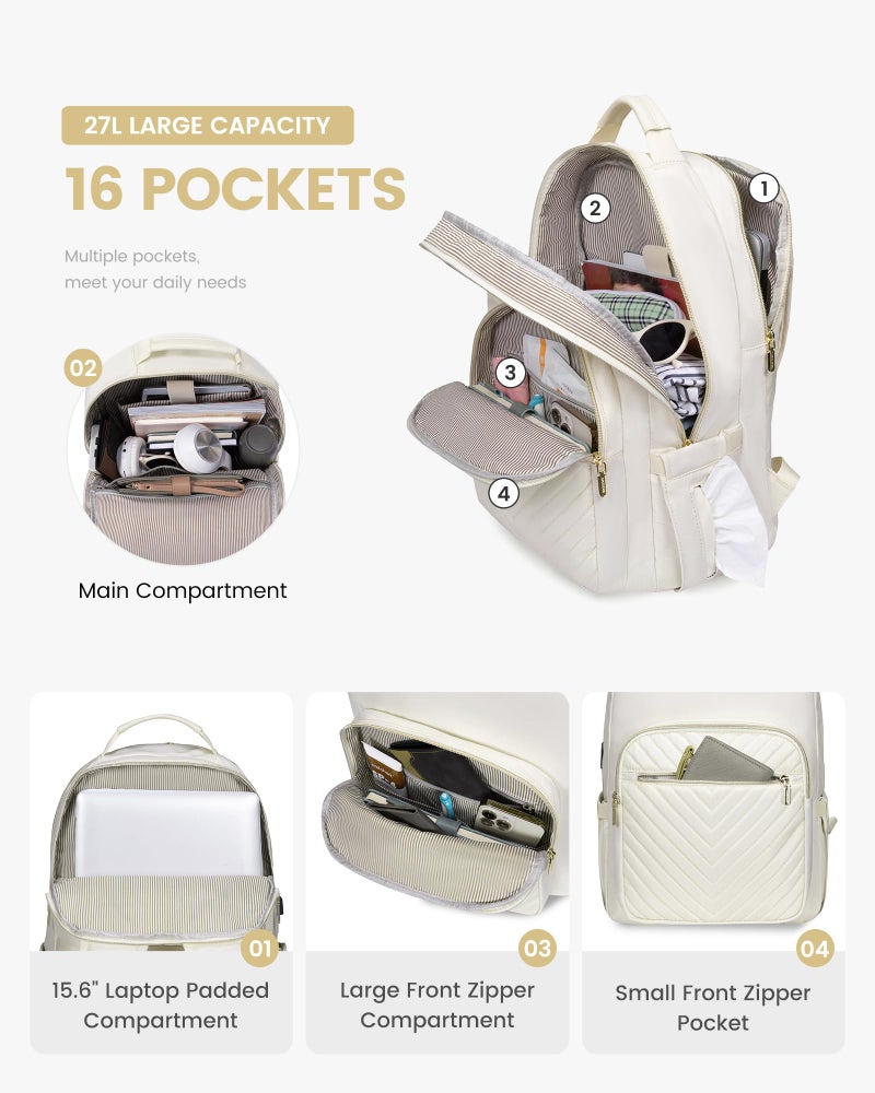 LOVEVOOK Laptop Backpack Purse for Women, Work Travel Computer Bags, College School Backpack for Student Girl, Quilted Casual Daypack with USB Port, Fit 15.6 Inch Laptop, Beige White - Image 3