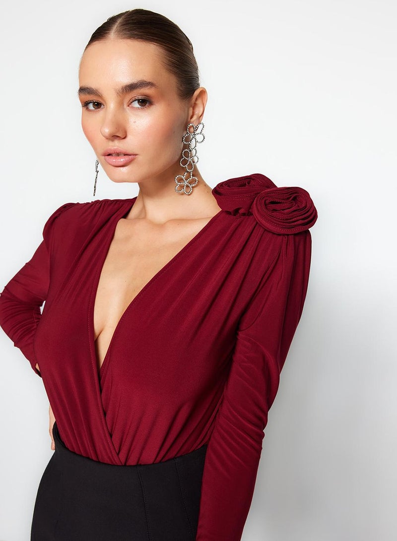 trendyol Burgundy Double Breasted Collar Rose Accessory Detailed Bodysuit - Image 2