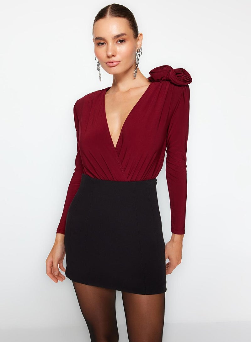 trendyol Burgundy Double Breasted Collar Rose Accessory Detailed Bodysuit - Image 1