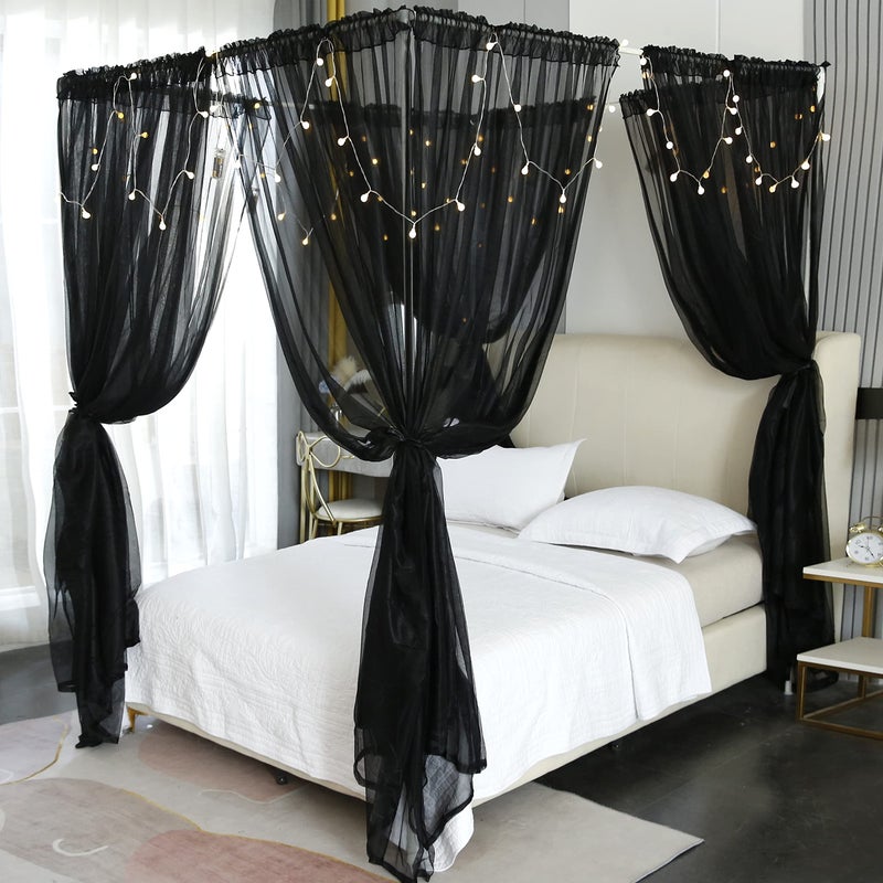 Akiky Canopy for Girls Room Bed Curtains Elegant Sheer Curtain for Twin Full Queen King Size Bed Drapes,8 Panels Canopies with Light,Room Décor(Full/Queen,Black) - Image 1