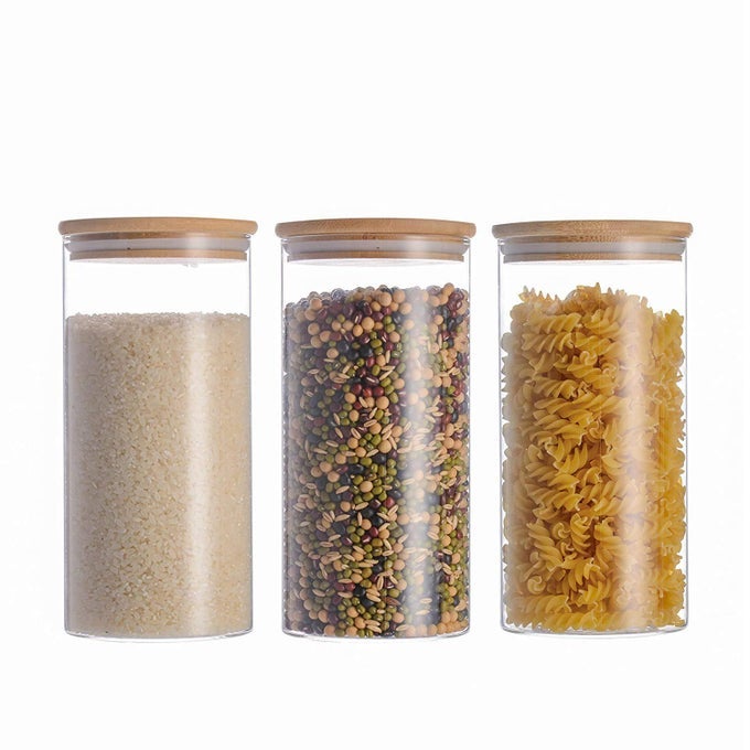 ITALIAN PREMIUM GLASS CYLINDER AIRTIGHT FOOD STORAGE CONTAINER JAR WITH BAMBOO LID AND SILICONE SEALING RING 10X20CM 1300ML SET OF 3