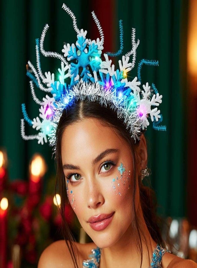 يان طوق رأس يان على شكل ندفة ثلجية مضيئة مزينة بالترتر اللامع، إكسسوارات مثالية لعيد الميلاد للنساء - Image 3