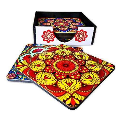 Ambiyaa Set of 6 Mandala 4 Inch Coasters with Holder | Unique Handmade Designs | Square with Holder | 10x10 cm - Image 1