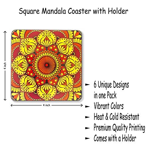 Ambiyaa Set of 6 Mandala 4 Inch Coasters with Holder | Unique Handmade Designs | Square with Holder | 10x10 cm - Image 2