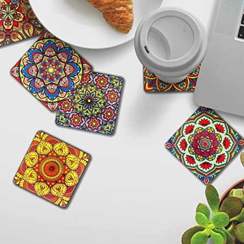 Ambiyaa Set of 6 Mandala 4 Inch Coasters with Holder | Unique Handmade Designs | Square with Holder | 10x10 cm - Image 4