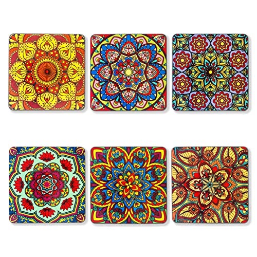 Ambiyaa Set of 6 Mandala 4 Inch Coasters with Holder | Unique Handmade Designs | Square with Holder | 10x10 cm - Image 3