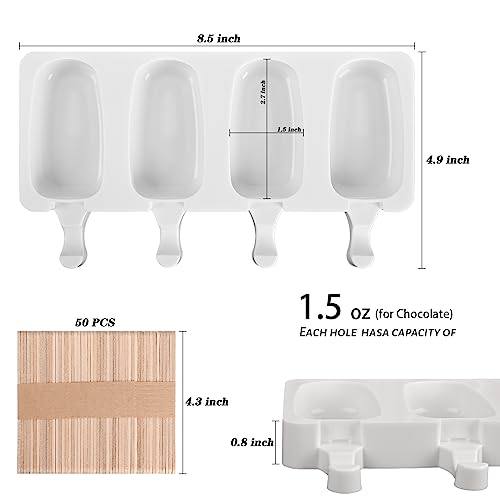 Sakolla 2 Pack Mini Popsicle Silicone Molds, 4 Cavities Oval Ice Pop Molds with 50 Wooden Sticks for Homemade Ice Cream, Cakesicles, Cake Pop (White) - Image 2