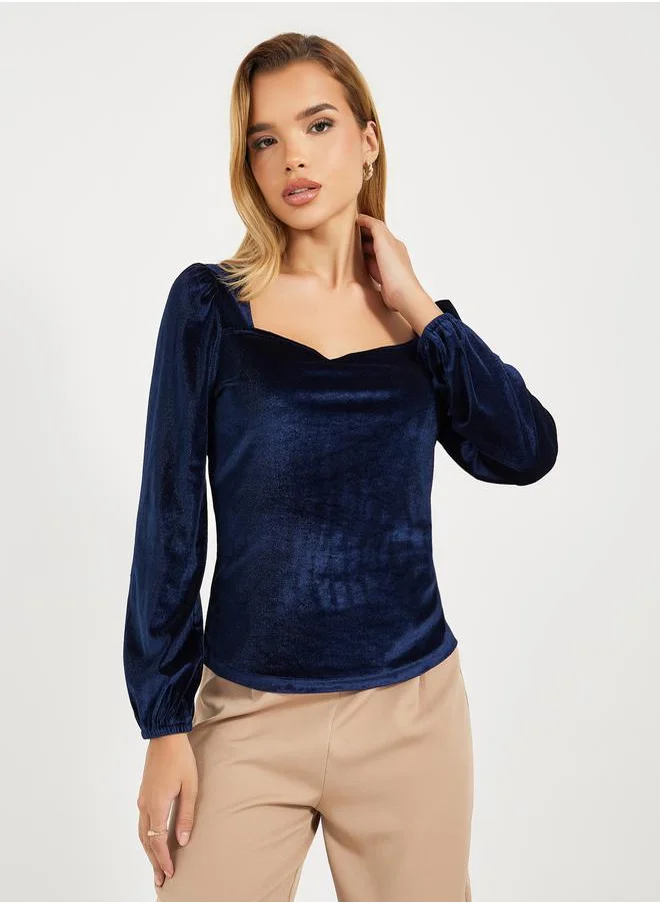 Styli Square Neck Velvet Knit Top with Puff Sleeves