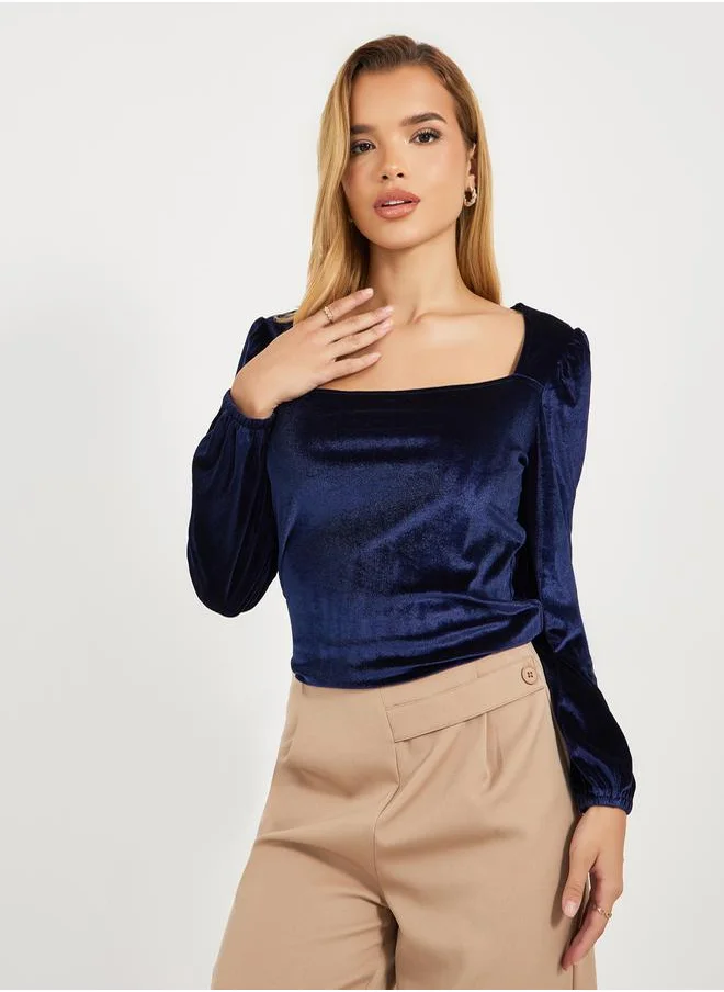 Styli Square Neck Velvet Knit Top with Puff Sleeves