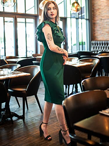 Knitee Women's Vintage Ruffle Sleeve V-Neck Bodycon Evening Party Cocktail Pencil Sheath Dress (Dark Green, Small) - Image 4