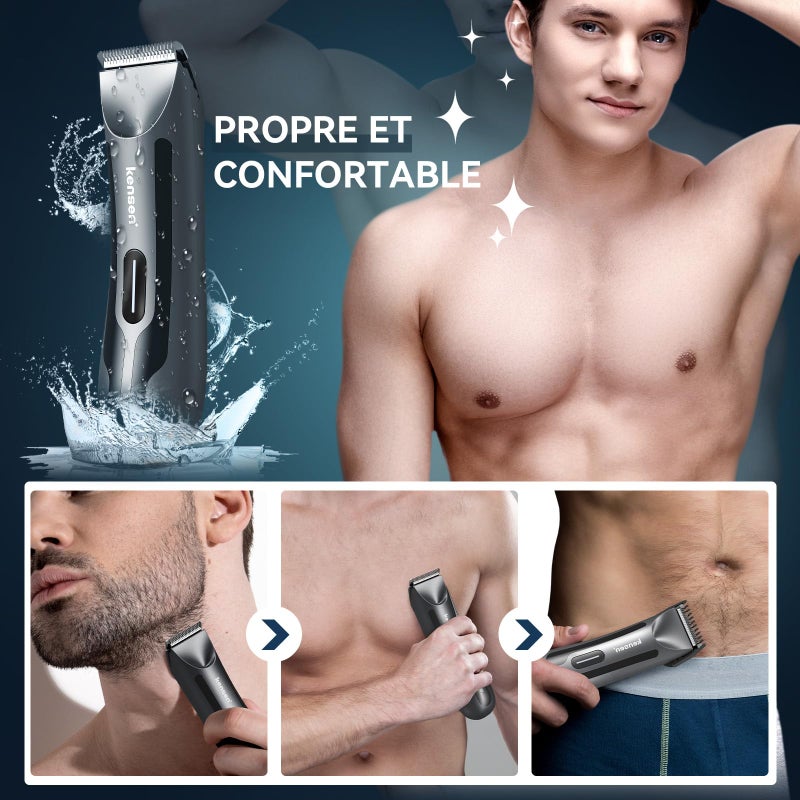 kensen Body Hair Trimmer for Men, kensen Electric Groin Hair Trimmer, Rechargeable Body Groomer, Replaceable Ceramic Blade Heads, IPX7 Waterproof Wet/Dry Clippers, Male Pubic Hair Hygiene Razor - Image 2