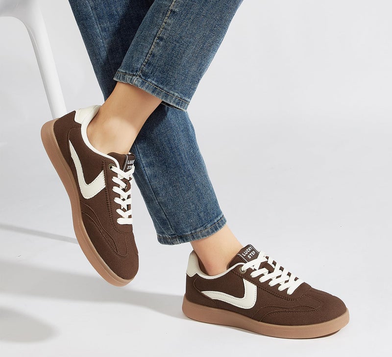 LUCKY STEP Women's Classic Fashion Casual Sneakers Skate Shoes No Slip Lace Up Walking Shoes(10 M US Brown) - Image 2