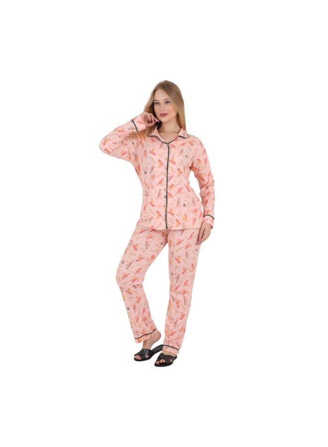 zecotex  Women Classic Pajamas Set S-3XL - Peach Pink Bird Print - Long Sleeve Button Down Collared Top & Full Length Pants - Soft Breathable Cotton Sleepwear Loungewear - Made in Egypt - Image 1