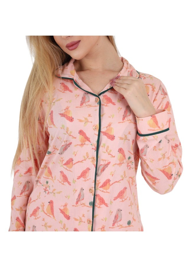 zecotex  Women Classic Pajamas Set S-3XL - Peach Pink Bird Print - Long Sleeve Button Down Collared Top & Full Length Pants - Soft Breathable Cotton Sleepwear Loungewear - Made in Egypt - Image 2