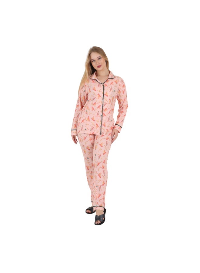 zecotex  Women Classic Pajamas Set S-3XL - Peach Pink Bird Print - Long Sleeve Button Down Collared Top & Full Length Pants - Soft Breathable Cotton Sleepwear Loungewear - Made in Egypt - Image 3