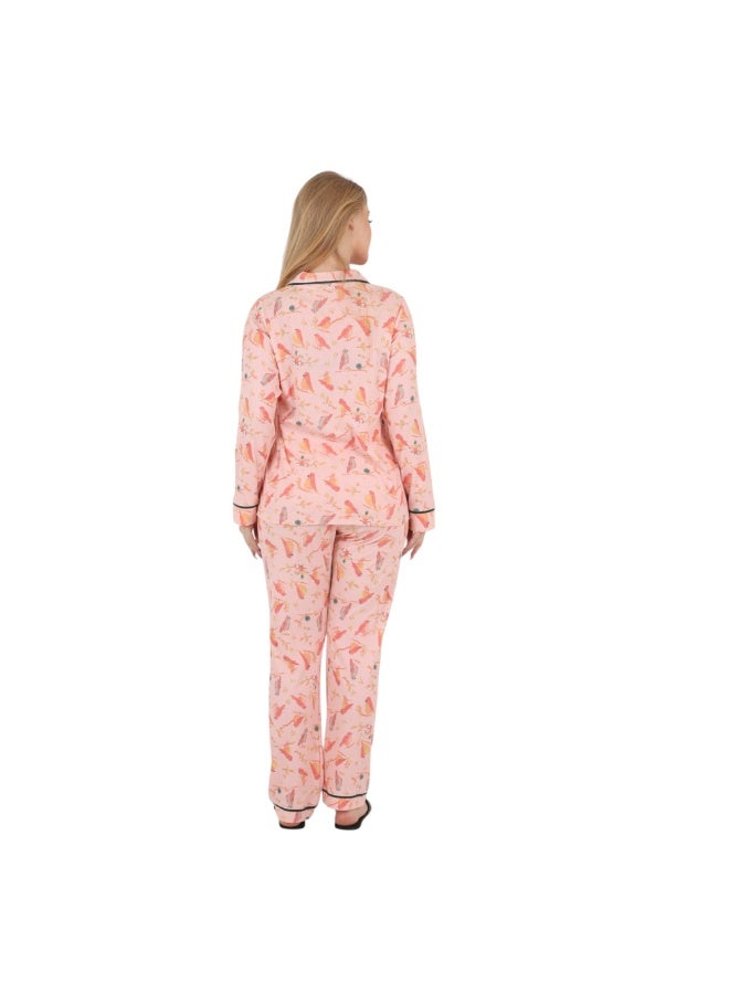 zecotex  Women Classic Pajamas Set S-3XL - Peach Pink Bird Print - Long Sleeve Button Down Collared Top & Full Length Pants - Soft Breathable Cotton Sleepwear Loungewear - Made in Egypt - Image 5