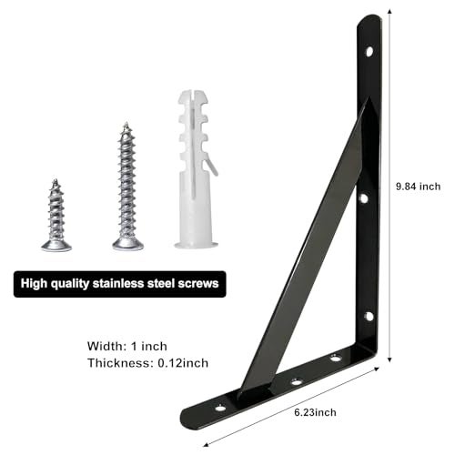Medach Heavy Duty Shelf Brackets 10 in X 6 in for 4 6 8 12 16 20 Inch Black PowderCoated Shelf Brackets Wall Mount Floating Shelf Bracket 4 Pack L Brackets for Wood - Image 3