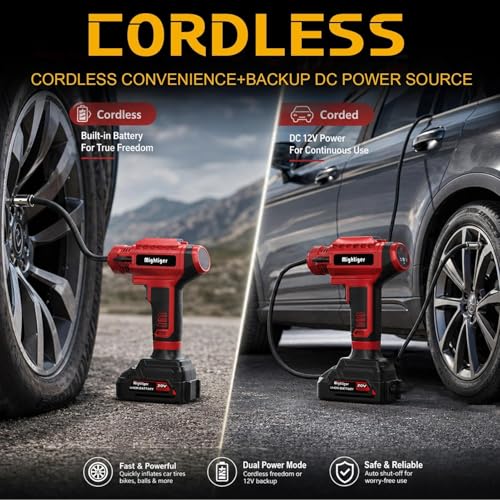 MIGHTIGER Power Cordless Tire Inflator 20V Mini Air Compressor DC 12V Portable Handheld Car Drill Air Pump 150PSI with Rechargeable Battery, Auto Shut Off, LED, Digital Pressure Gauge - Image 5