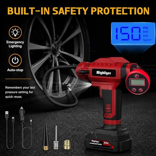 MIGHTIGER Power Cordless Tire Inflator 20V Mini Air Compressor DC 12V Portable Handheld Car Drill Air Pump 150PSI with Rechargeable Battery, Auto Shut Off, LED, Digital Pressure Gauge - Image 3