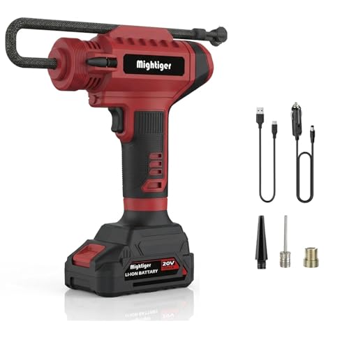MIGHTIGER Power Cordless Tire Inflator 20V Mini Air Compressor DC 12V Portable Handheld Car Drill Air Pump 150PSI with Rechargeable Battery, Auto Shut Off, LED, Digital Pressure Gauge - Image 1