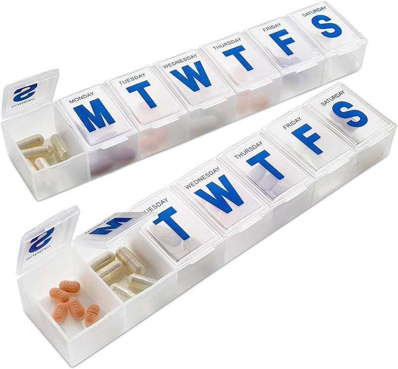 MEDca Weekly Pill Organizer - (Pack of 2) Extra Large Vitamin Container with Jumbo Easy to Read Letters, BPA Free - Daily Travel 7 Day Medication Pill Box Case